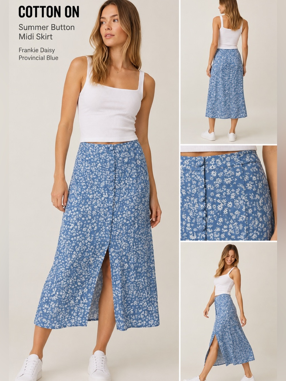 Cotton On Blue Floral Midi Skirt with Front Slit